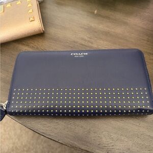 Coach Navy Zip Around Wallet with Gold Stud Accents